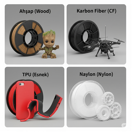 Özel Filamentler: Wood, Carbon Fiber, TPU (Esnek), Naylon