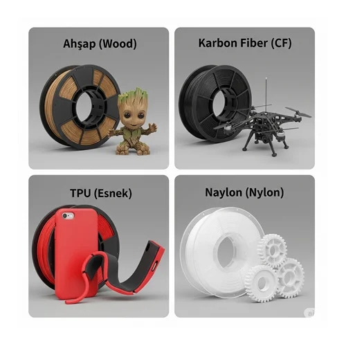 Özel Filamentler: Wood, Carbon Fiber, TPU (Esnek), Naylon