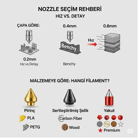 FDM Yazıcılarda Nozzle Seçimi: Çap, Malzeme (Pirinç, Çelik, Ruby)