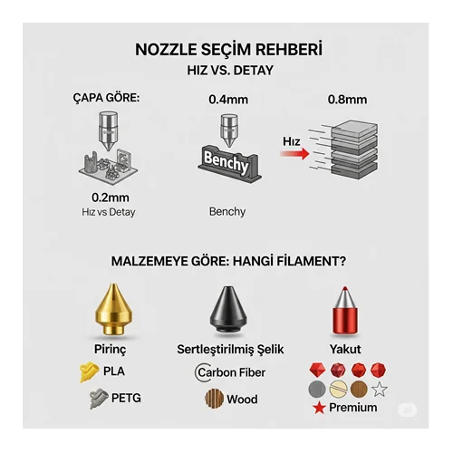 FDM Yazıcılarda Nozzle Seçimi: Çap, Malzeme (Pirinç, Çelik, Ruby)