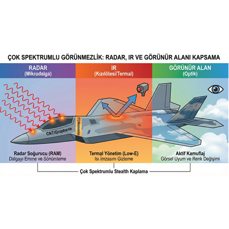 Çok Spektrumlu Görünmezlik: Radar, IR ve Görünür Alanı Kapsama.