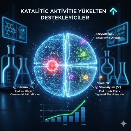 Lanthanum bazlı malzemelerde katalitik aktiviteyi yükselten destekleyiciler