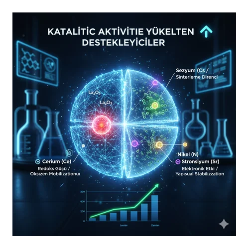 Lanthanum bazlı malzemelerde katalitik aktiviteyi yükselten destekleyiciler